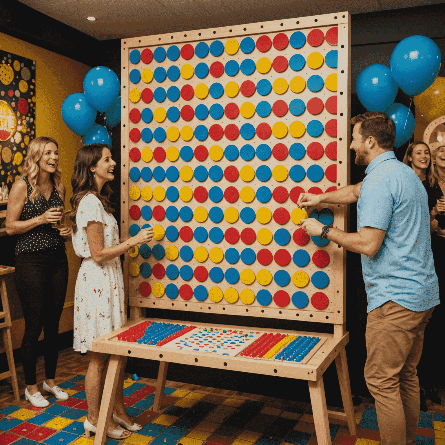 A vibrant Plinko board setup with excited party guests gathered around, Australian-themed decorations in the background