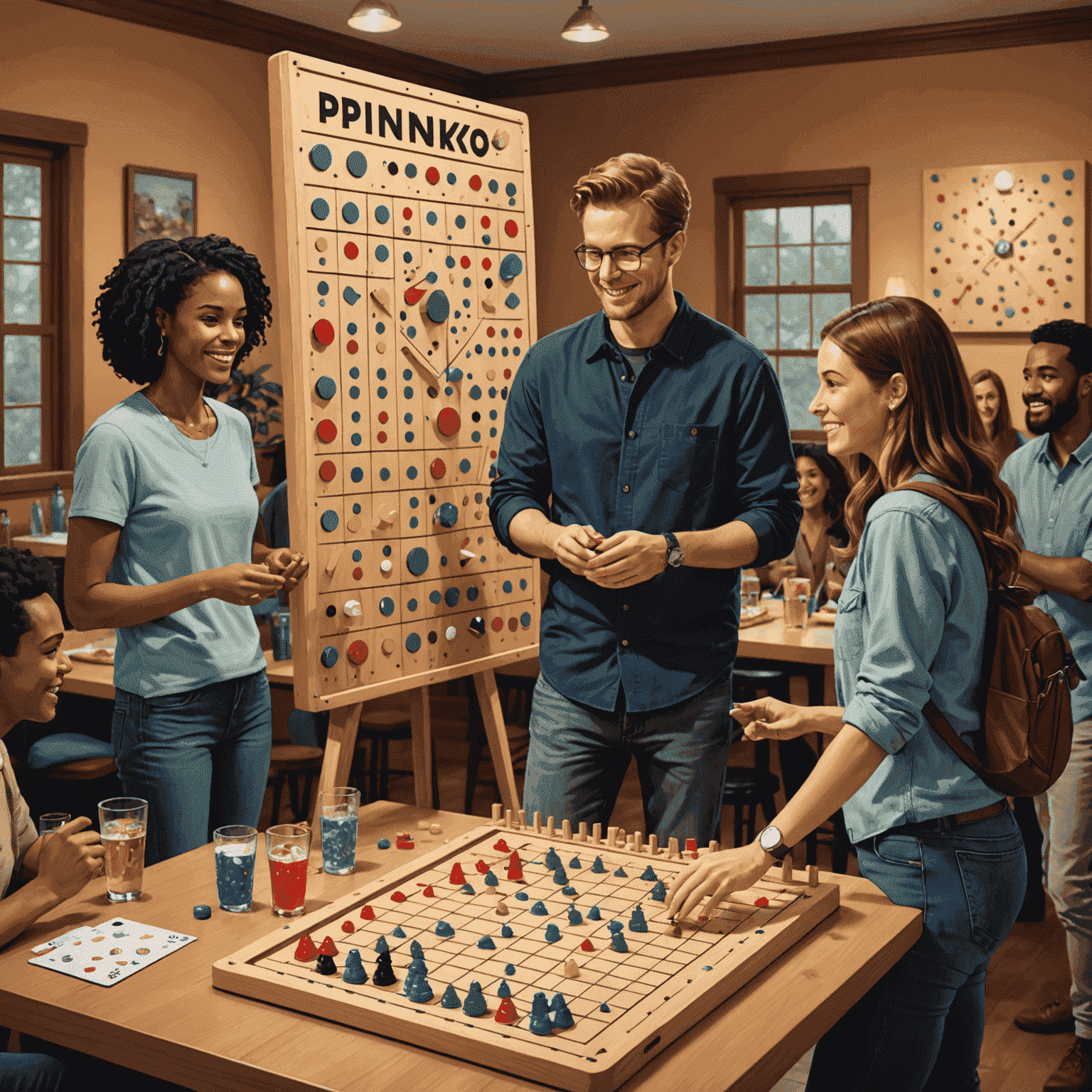 Illustration of a person playing Plinko with friends at a party, surrounded by responsible gaming symbols like timers and balance scales