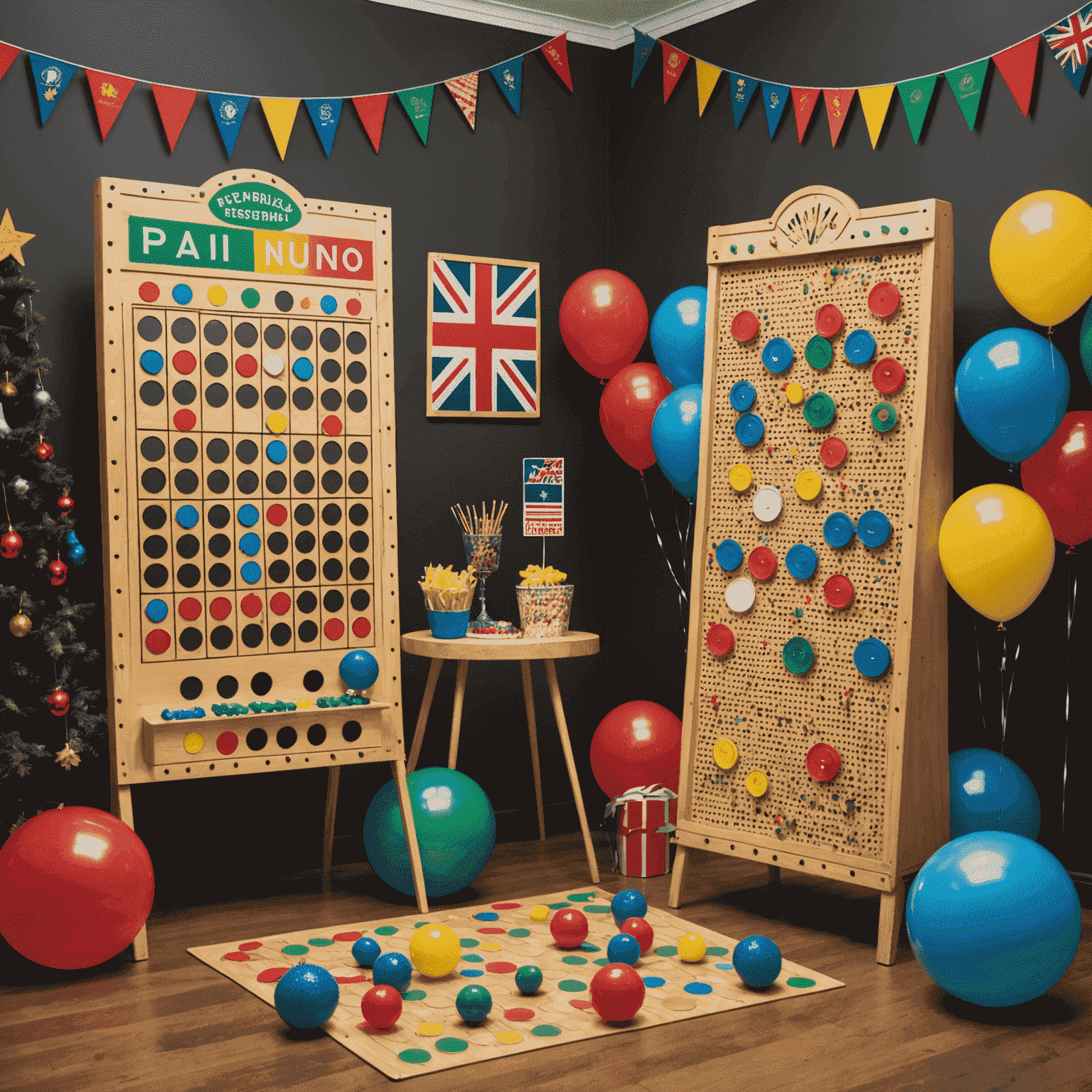 A festively decorated room with Plinko-themed decorations, Australian flags, and party guests enjoying games and snacks