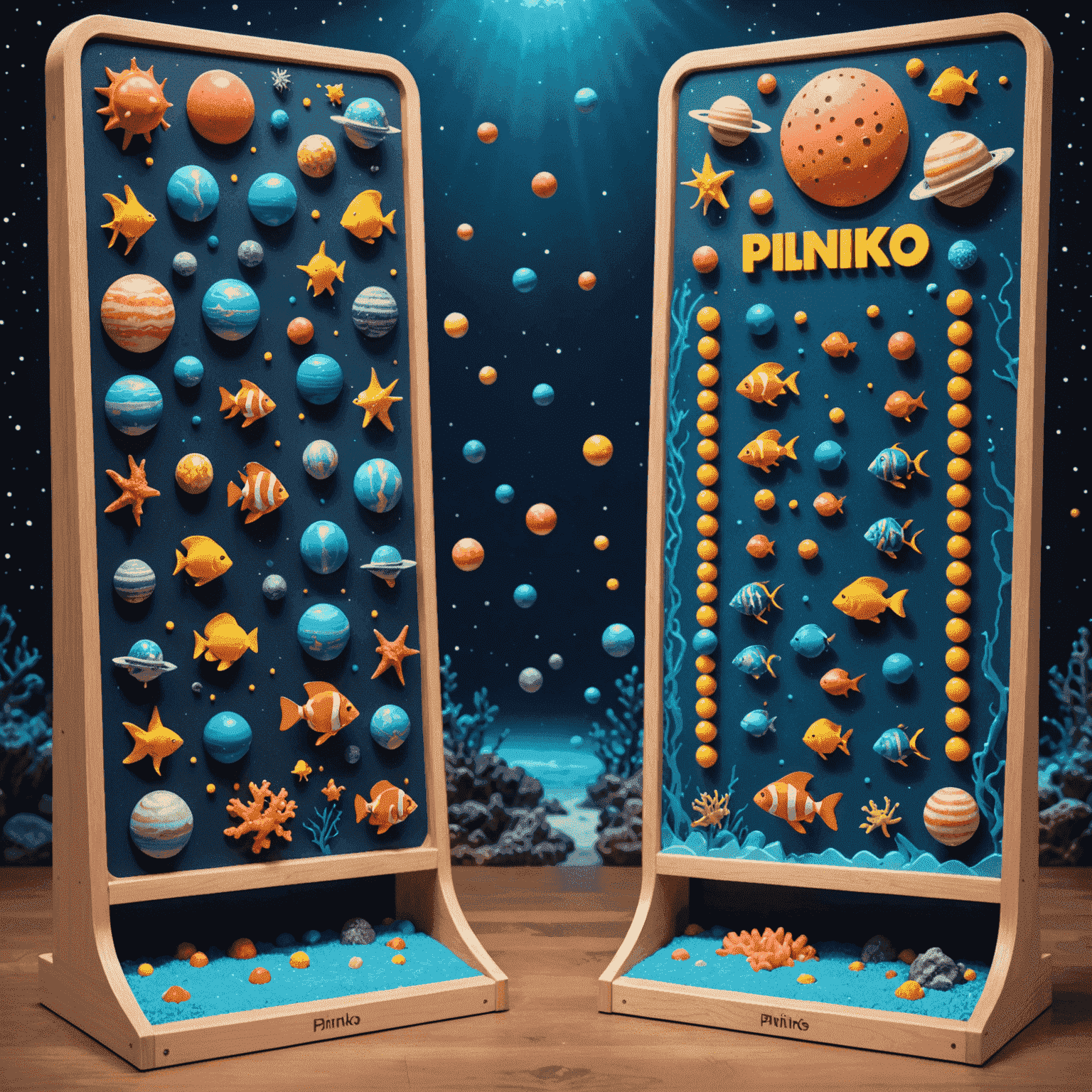 A split-screen image showing two themed Plinko boards: one with an underwater theme featuring coral and fish, and another with a space theme showing planets and asteroids
