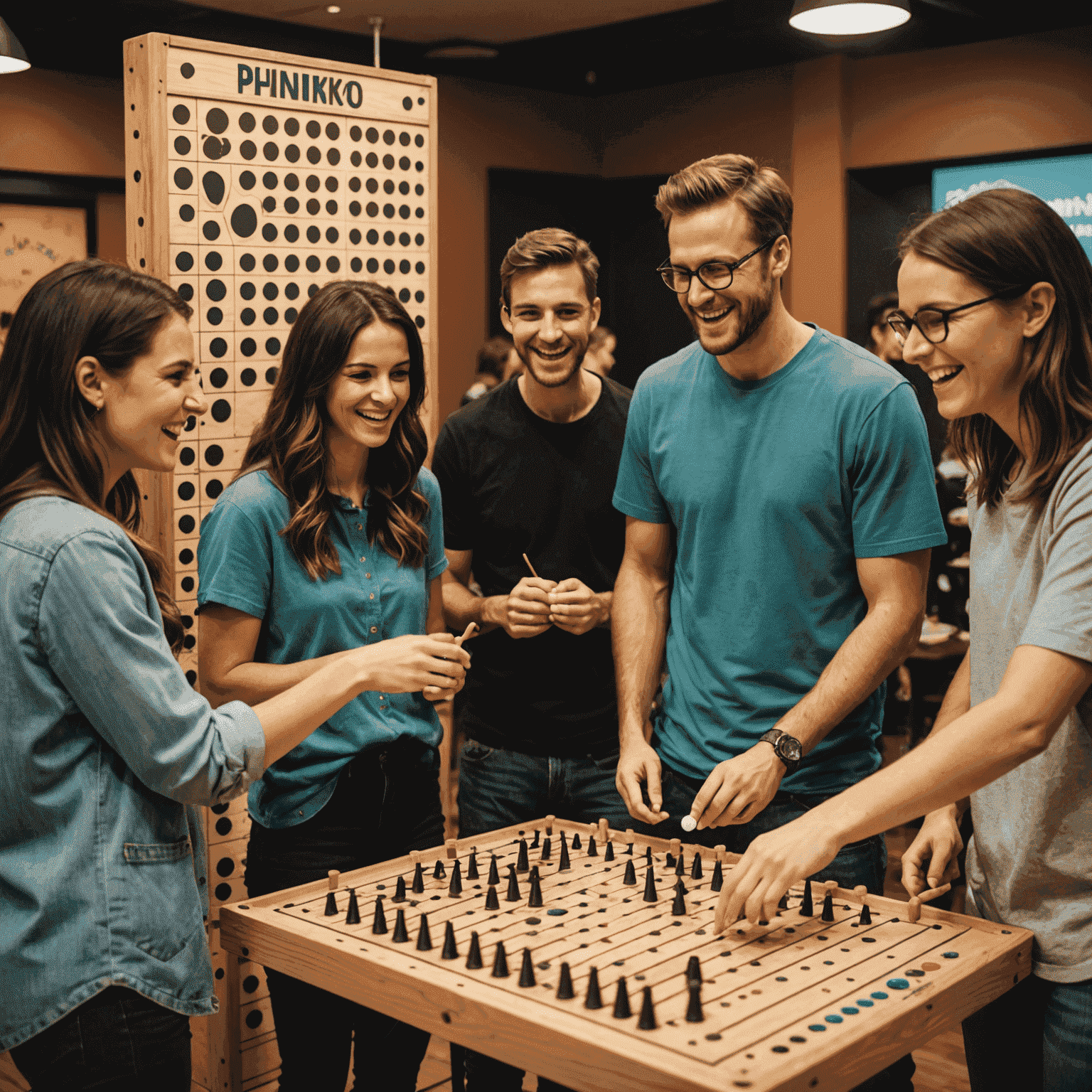 Group of friends enjoying a balanced Plinko party with both gaming and non-gaming activities